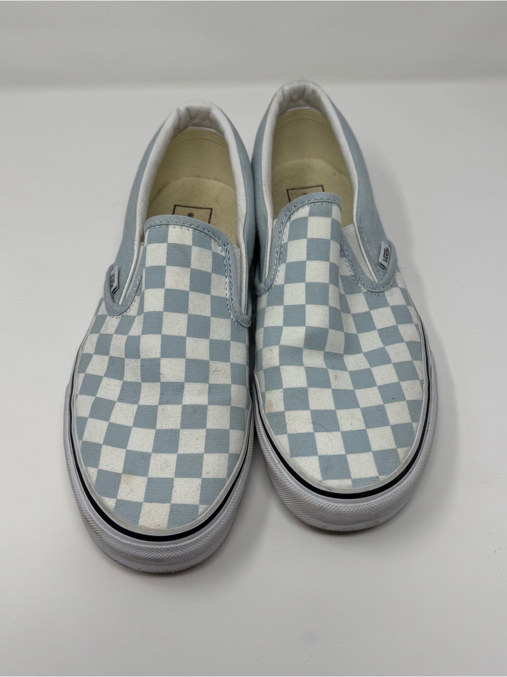 Vans Slip-On Checkerboard Sneakers in Light Blue/White
